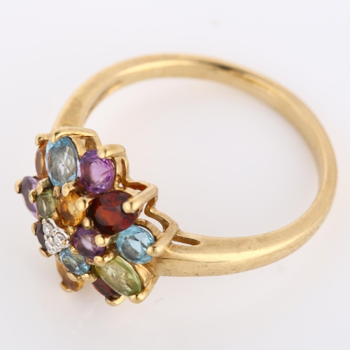 258 - A modern 9ct gold gem set dress ring, gemstones include amethyst garnet peridot etc, setting height ... 