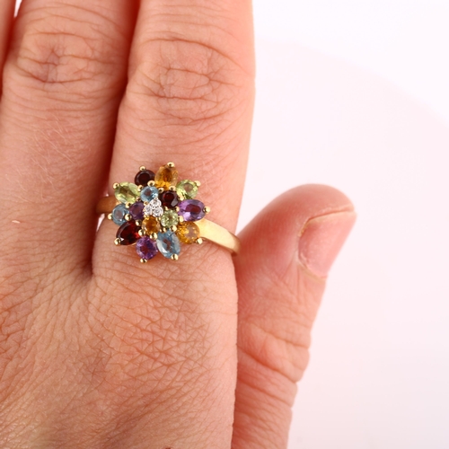 258 - A modern 9ct gold gem set dress ring, gemstones include amethyst garnet peridot etc, setting height ... 