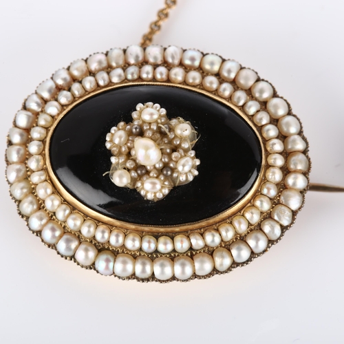 260 - A Victorian onyx and pearl cluster mourning brooch, unmarked gold settings, and an Antique gilt-meta... 