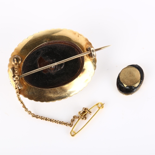 260 - A Victorian onyx and pearl cluster mourning brooch, unmarked gold settings, and an Antique gilt-meta... 