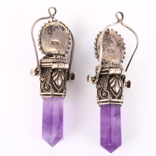 261 - A pair of silver and amethyst crystal drop scent bottle earrings, with concealed inner compartments ... 