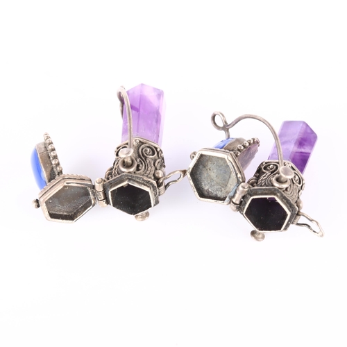 261 - A pair of silver and amethyst crystal drop scent bottle earrings, with concealed inner compartments ... 