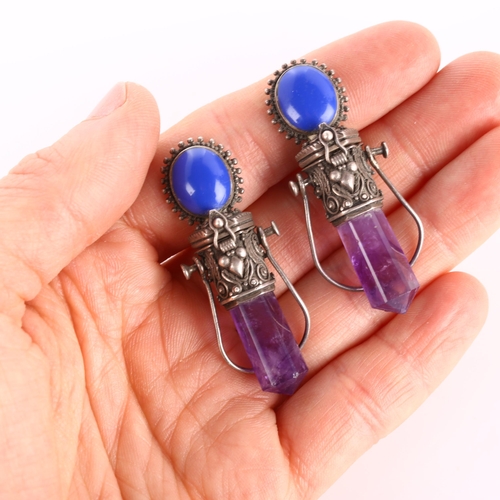 261 - A pair of silver and amethyst crystal drop scent bottle earrings, with concealed inner compartments ... 