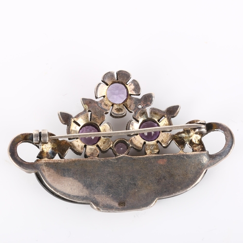 263 - A large Art Deco style silver onyx amethyst and marcasite basket of flowers brooch, brooch length 59... 