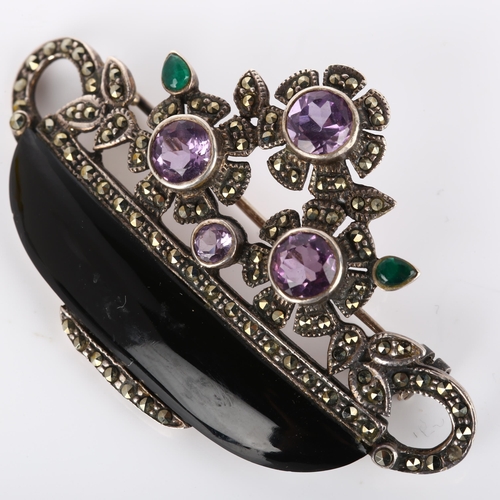 263 - A large Art Deco style silver onyx amethyst and marcasite basket of flowers brooch, brooch length 59... 