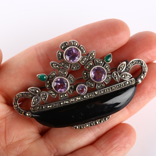 263 - A large Art Deco style silver onyx amethyst and marcasite basket of flowers brooch, brooch length 59... 