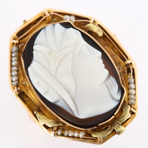 266 - An Antique hardstone cameo ring, 9ct gold settings with relief carved panel depicting female profile... 