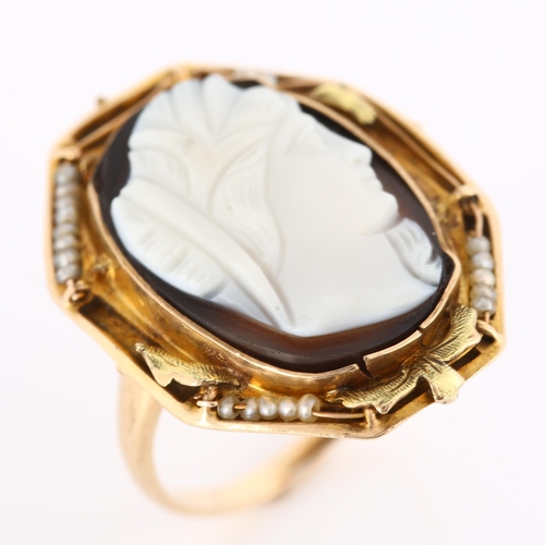 266 - An Antique hardstone cameo ring, 9ct gold settings with relief carved panel depicting female profile... 