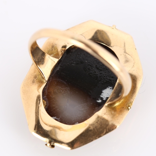 266 - An Antique hardstone cameo ring, 9ct gold settings with relief carved panel depicting female profile... 