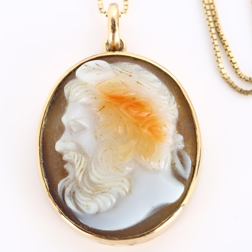 267 - An Antique hardstone cameo pendant necklace, relief carved panel possibly depicting Jupiter with lau... 