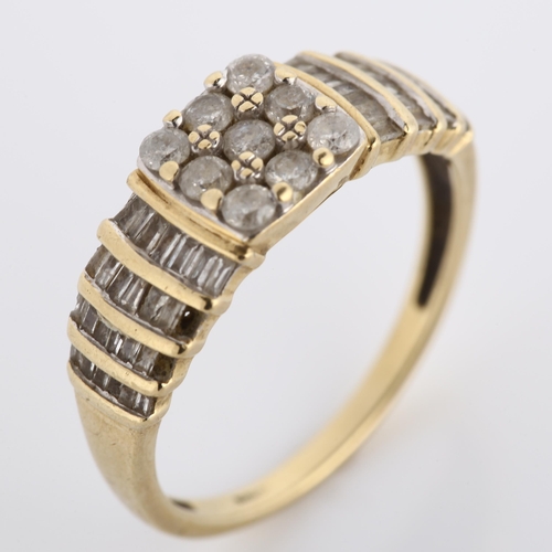 270 - A modern 9ct gold diamond cluster dress ring, set with modern round brilliant and baguette-cut diamo... 