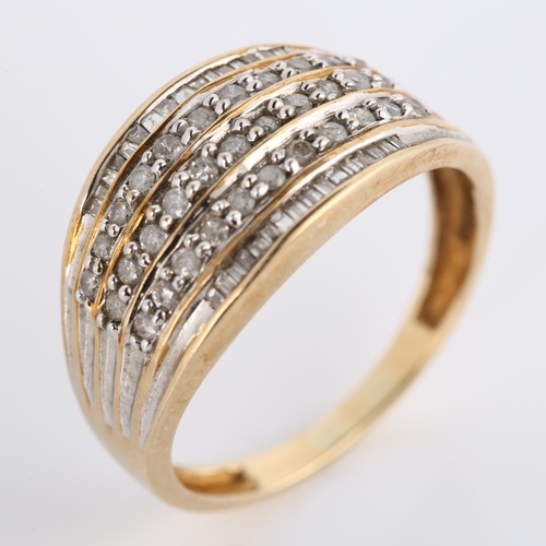 271 - A modern 9ct gold diamond cluster band ring, set with modern round brilliant and baguette-cut diamon... 