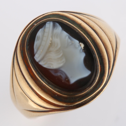 276 - A 9ct gold hardstone cameo ring, relief carved depicting female profile, setting height 18.2mm, size... 