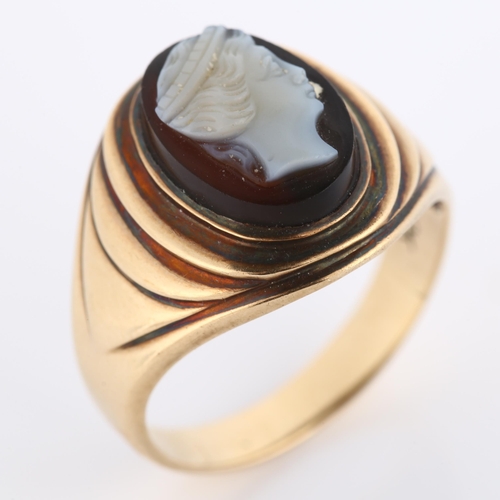 276 - A 9ct gold hardstone cameo ring, relief carved depicting female profile, setting height 18.2mm, size... 