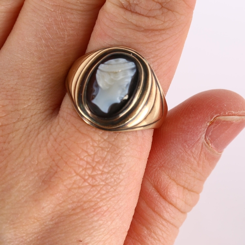 276 - A 9ct gold hardstone cameo ring, relief carved depicting female profile, setting height 18.2mm, size... 