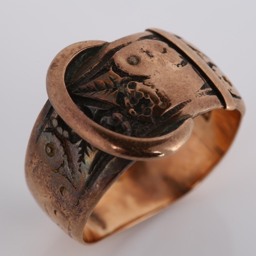 281 - An early 20th century 9ct rose gold belt buckle band ring, engraved floral decoration, maker's marks... 