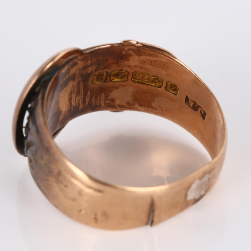 281 - An early 20th century 9ct rose gold belt buckle band ring, engraved floral decoration, maker's marks... 