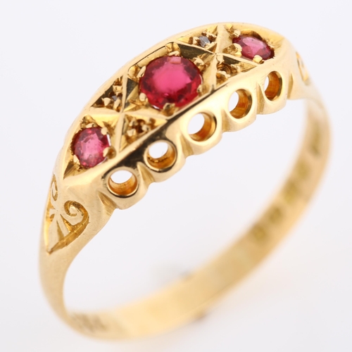 282 - An early 20th century 18ct gold ruby and diamond half hoop ring, maker's marks W & FR, hallmarks Bir... 