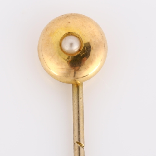 286 - A Victorian 15ct gold split pearl stickpin, head diameter 8mm, overall length 53.4mm, 1.1g