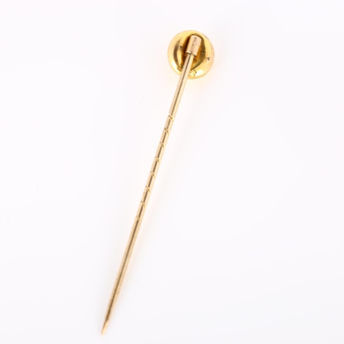 286 - A Victorian 15ct gold split pearl stickpin, head diameter 8mm, overall length 53.4mm, 1.1g