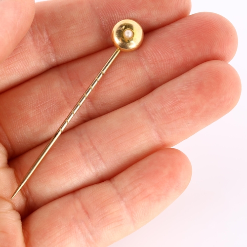 286 - A Victorian 15ct gold split pearl stickpin, head diameter 8mm, overall length 53.4mm, 1.1g