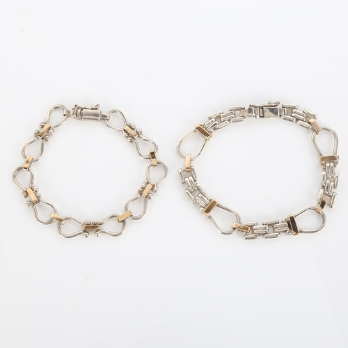 291 - 2 Peruvian silver and 18ct gold stirrup link chain bracelets, lengths 18cm and 20cm, 31.6g total (2)