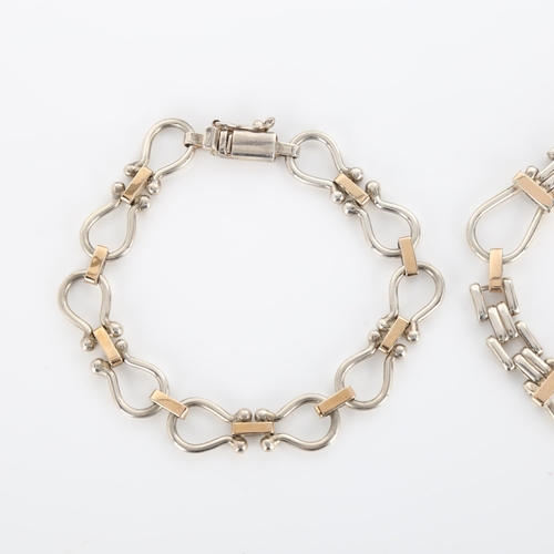 291 - 2 Peruvian silver and 18ct gold stirrup link chain bracelets, lengths 18cm and 20cm, 31.6g total (2)