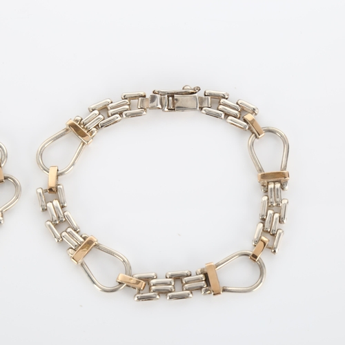 291 - 2 Peruvian silver and 18ct gold stirrup link chain bracelets, lengths 18cm and 20cm, 31.6g total (2)