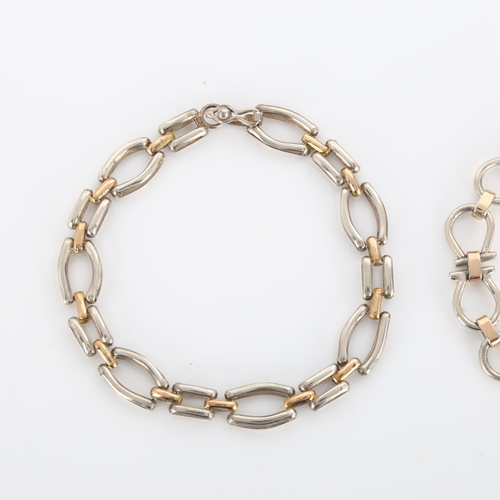 292 - 2 Peruvian silver and 18ct gold fancy link chain bracelets, lengths 18cm and 19cm, 26.3g total (2)