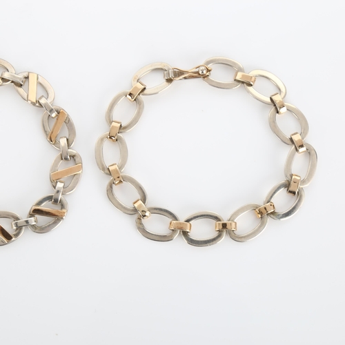 293 - 2 Peruvian silver and 18ct gold oval link chain bracelets, lengths 18cm and 19cm, 23.8g total (2)