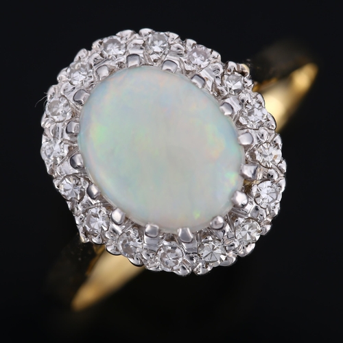 298 - An 18ct gold opal and diamond cluster ring, set with oval cabochon opal and single-cut diamonds, set... 