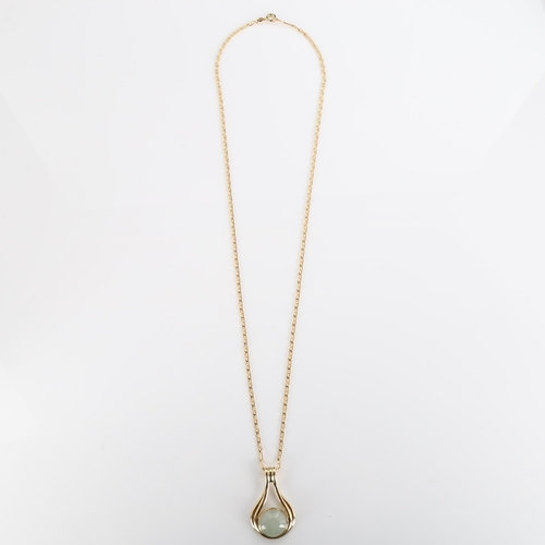 305 - A modern 9ct gold jade pendant necklace, on 9ct anchor link chain, pendant height 32.5mm, chain leng... 