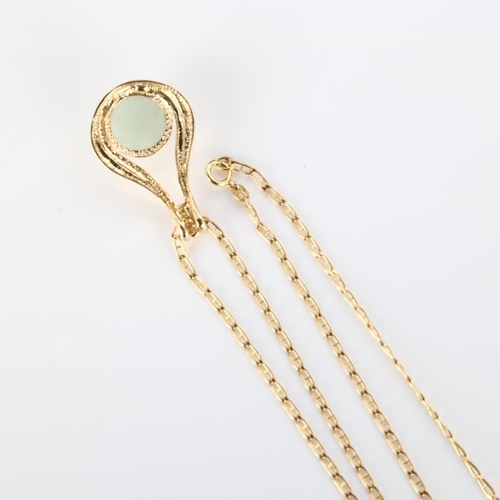 305 - A modern 9ct gold jade pendant necklace, on 9ct anchor link chain, pendant height 32.5mm, chain leng... 