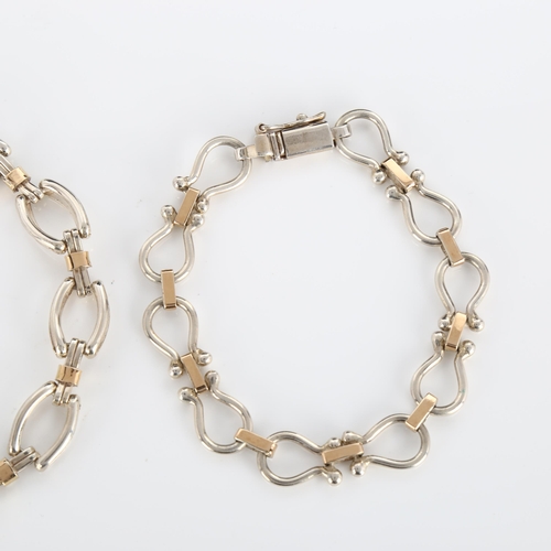 307 - 2 Peruvian silver and 18ct gold fancy link chain bracelets, lengths 18cm and 19cm, 30.5g total (2)