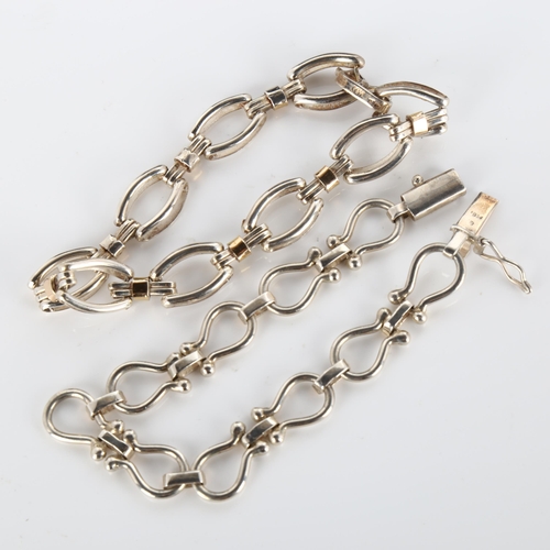 307 - 2 Peruvian silver and 18ct gold fancy link chain bracelets, lengths 18cm and 19cm, 30.5g total (2)