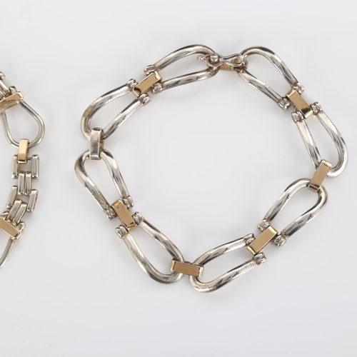 309 - 2 Peruvian silver and 18ct gold fancy link chain bracelets, both 19cm long, 35.8g total (2)