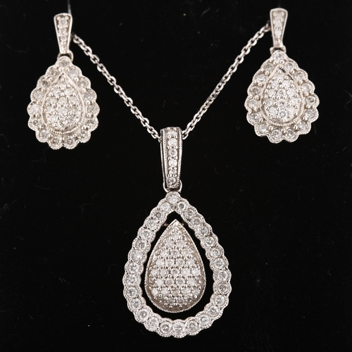 313 - A 9ct white gold diamond pear-cluster matching pendant necklace and earring set, set with modern rou... 