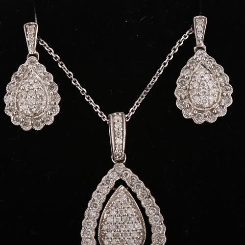 313 - A 9ct white gold diamond pear-cluster matching pendant necklace and earring set, set with modern rou... 