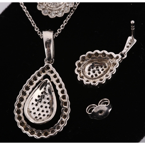 313 - A 9ct white gold diamond pear-cluster matching pendant necklace and earring set, set with modern rou... 