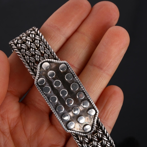 322 - A heavy Continental silver basketweave link bracelet, band width 16.5mm, bracelet length 19cm, 74.8g