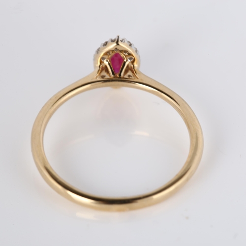 327 - A modern 9ct gold ruby and diamond marquise cluster ring, set with marquise-cut ruby and single-cut ... 