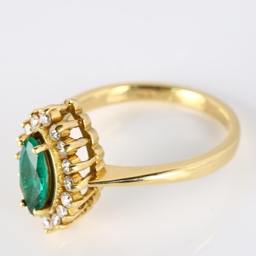 333 - An 18ct gold emerald and diamond marquise cluster ring, set with marquise-cut emerald and modern rou... 