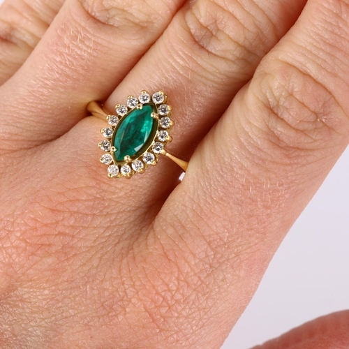 333 - An 18ct gold emerald and diamond marquise cluster ring, set with marquise-cut emerald and modern rou... 