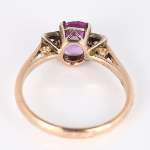 336 - A three stone synthetic pink and white sapphire dress ring, unmarked rose metal settings with oval m... 