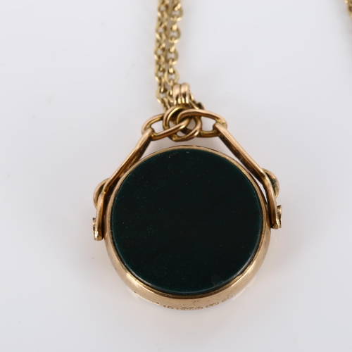 337 - An early 20th century 9ct gold hardstone swivel fob necklace, on 9ct fine cable link chain, fob heig... 