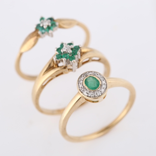 338 - 3 x 9ct gold emerald and diamond dress rings, sizes M, and N x 2, 4.7g total (3)