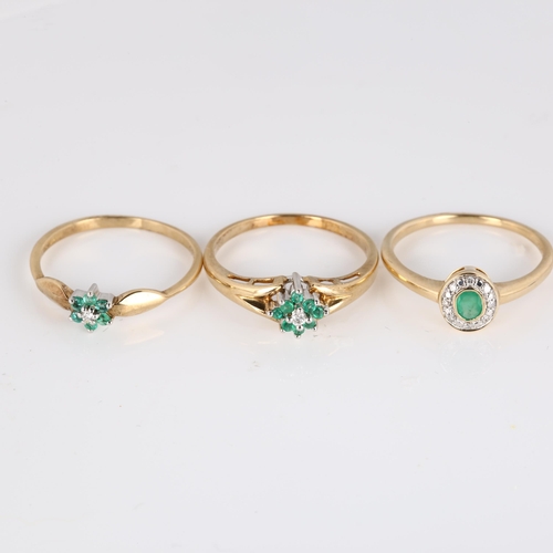 338 - 3 x 9ct gold emerald and diamond dress rings, sizes M, and N x 2, 4.7g total (3)