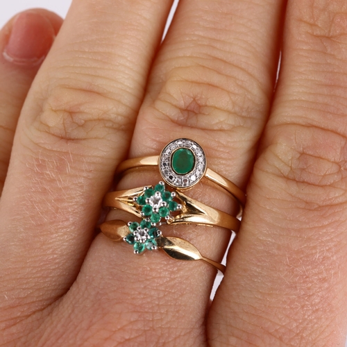 338 - 3 x 9ct gold emerald and diamond dress rings, sizes M, and N x 2, 4.7g total (3)