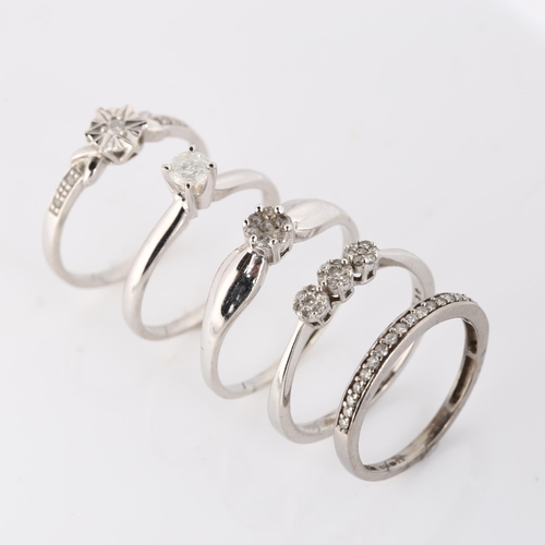 340 - 5 x 9ct white gold diamond rings, sizes L, N x 2, O and Q, 9.6g total (5)