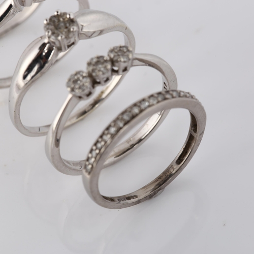 340 - 5 x 9ct white gold diamond rings, sizes L, N x 2, O and Q, 9.6g total (5)